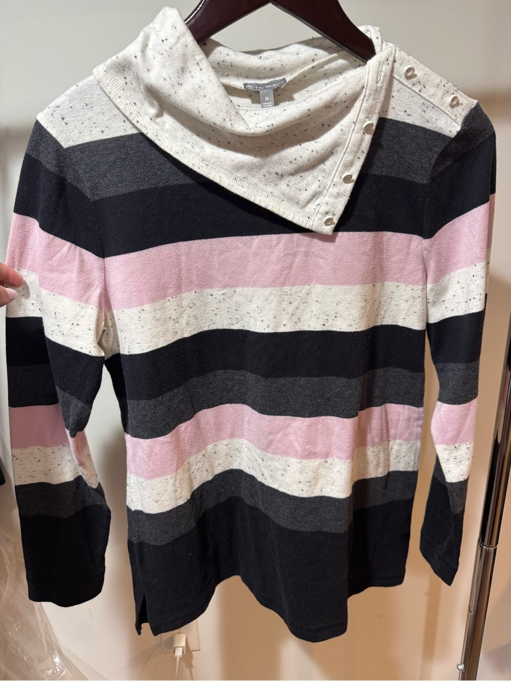 Talbots Pink, Black & Cream Striped Button-Cowl Sweater
